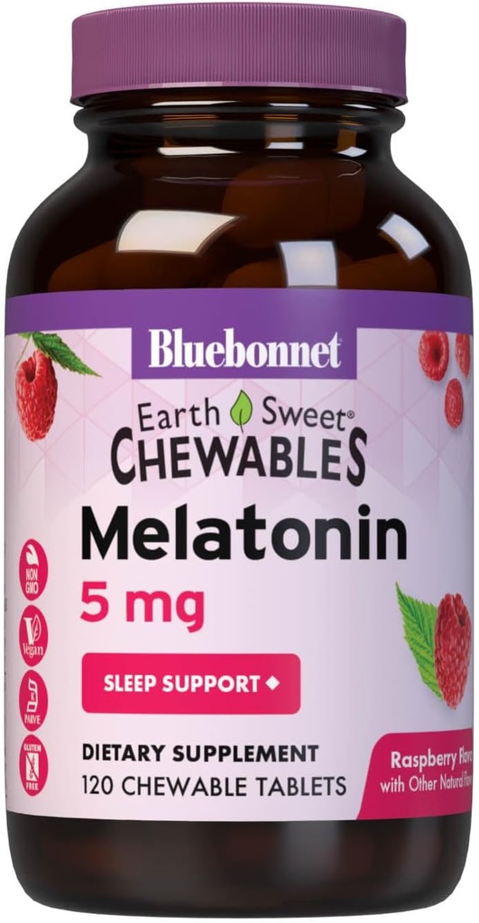 Bluebonnet Nutrition EarthSweet Melatonin 5 mg Fast- Actioning Quick Opløs Nighttime Relaxation & Restable Sleep Support - Sleep Aid - Gluten- Free, Vegan - Raspberry Flavor - 120 tyggetabletter