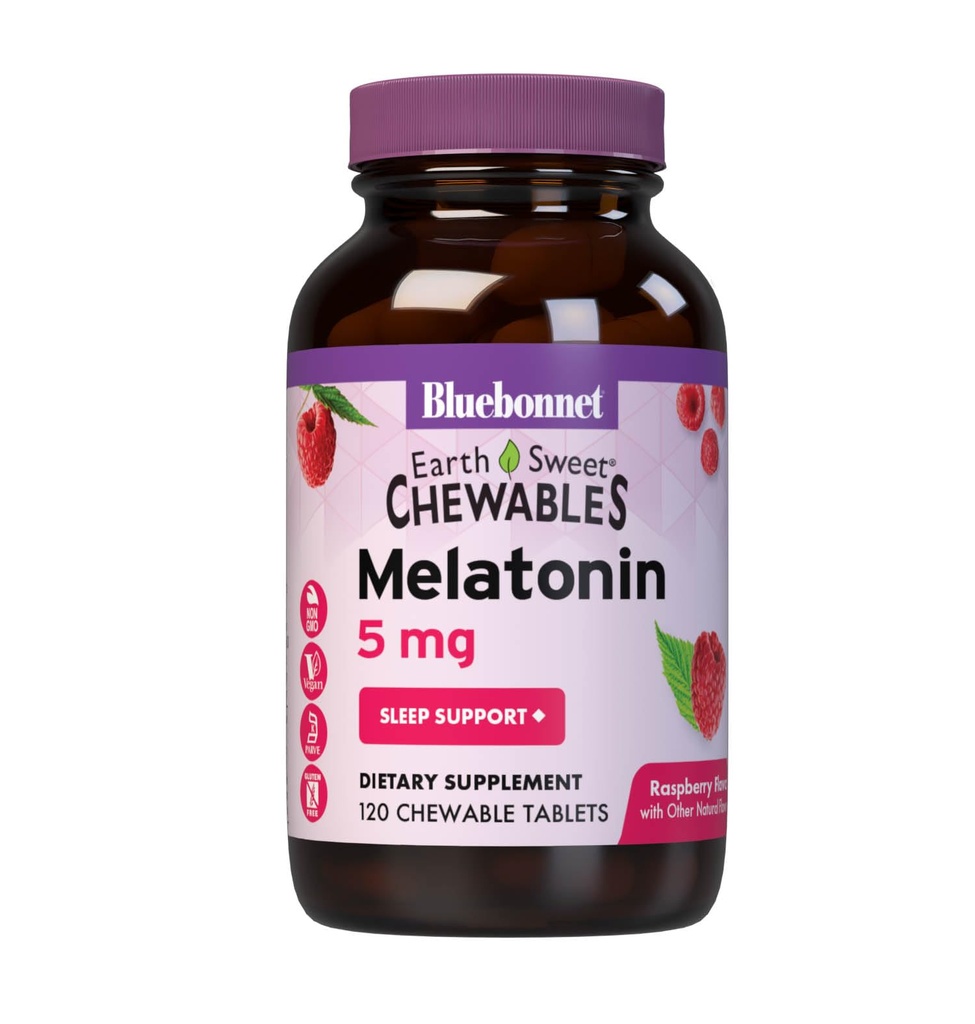 Bluebonnet Nutrition EarthSweet Melatonin 5 mg Fast- Actioning Quick Opløs Nighttime Relaxation & Restable Sleep Support - Sleep Aid - Gluten- Free, Vegan - Raspberry Flavor - 120 tyggetabletter