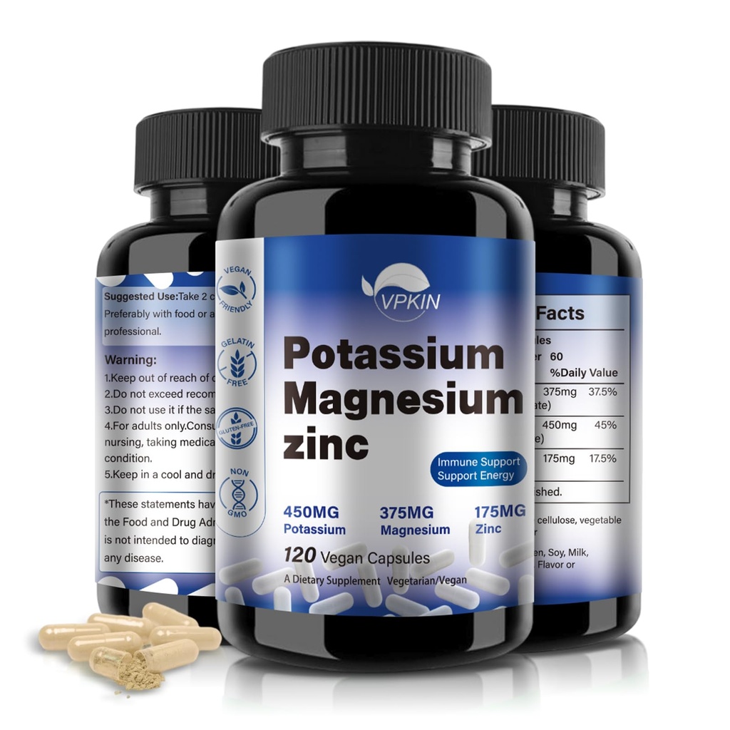 Kalium Magnesium Supplement 1000mg, Magnesium Kalium Zink Aspartatstøtte Vaskulære, Knogler, Hjerte, Muskel & Nerve Sundhed, Non- GMO, Vegan, (120 kapsler)