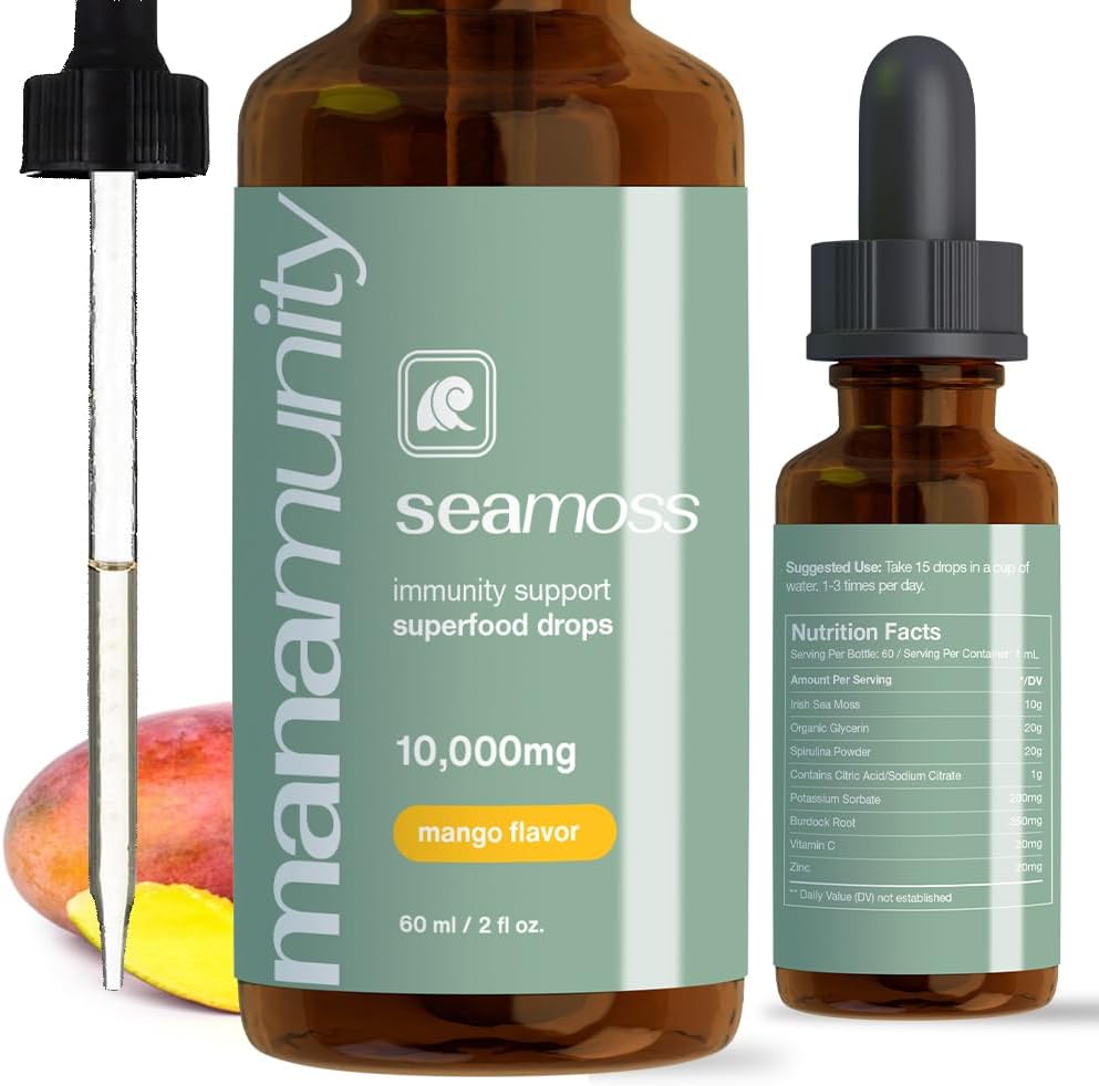 Sea Moss Liquid Drops 10. 000 mg Organic Irish Sea Moss Gel med 350 mg Burdock Root Supplement & 20. 000 mg Spirulina immunforsvar, Joint & Thyroid Support - Vegan (Mango)