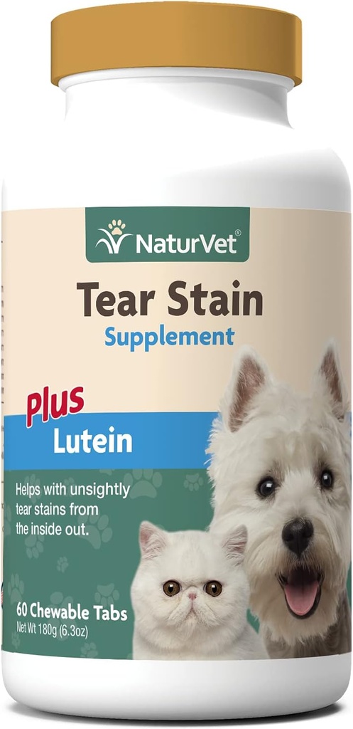 NaturVet - Tear Stain Plus Lutein - Eliminerer Unsightly Tear Stains - Forbedret med Cranberry Extract, Calcium Ascorbat & Oregon Grape Root - for hunde og katte - 60 tabletter