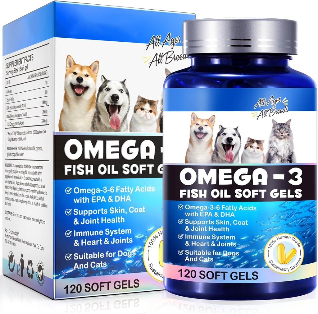 Omega-3 Fish Oil til hunde, Omega 3 Fish Oil med EPA & DHA understøtter hunde sæsonbetinget allergier Relief, øger immunfunktion, Itch Skin Relief & fremme Coat sundhed, Kæledyrstillæg - 120 bløde geler