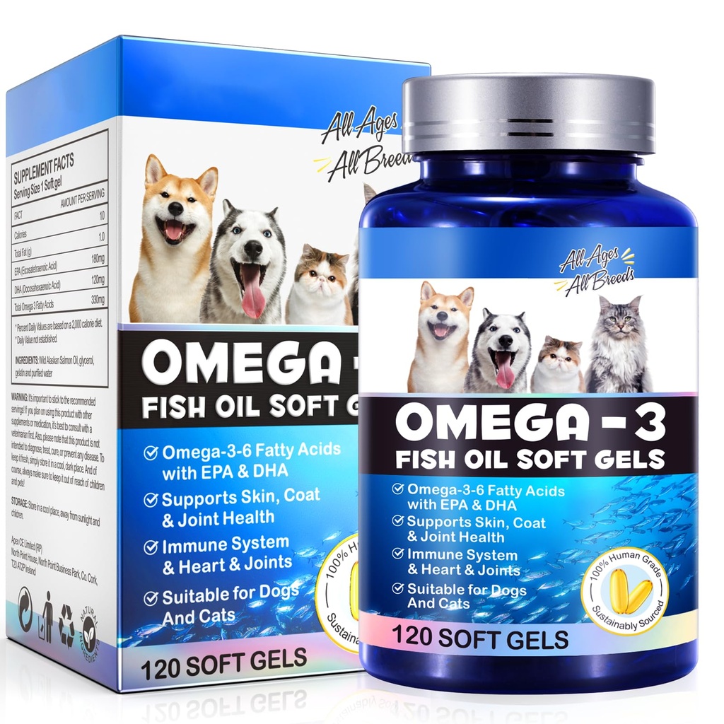 Omega-3 Fish Oil til hunde, Omega 3 Fish Oil med EPA & DHA understøtter hunde sæsonbetinget allergier Relief, øger immunfunktion, Itch Skin Relief & fremme Coat sundhed, Kæledyrstillæg - 120 bløde geler