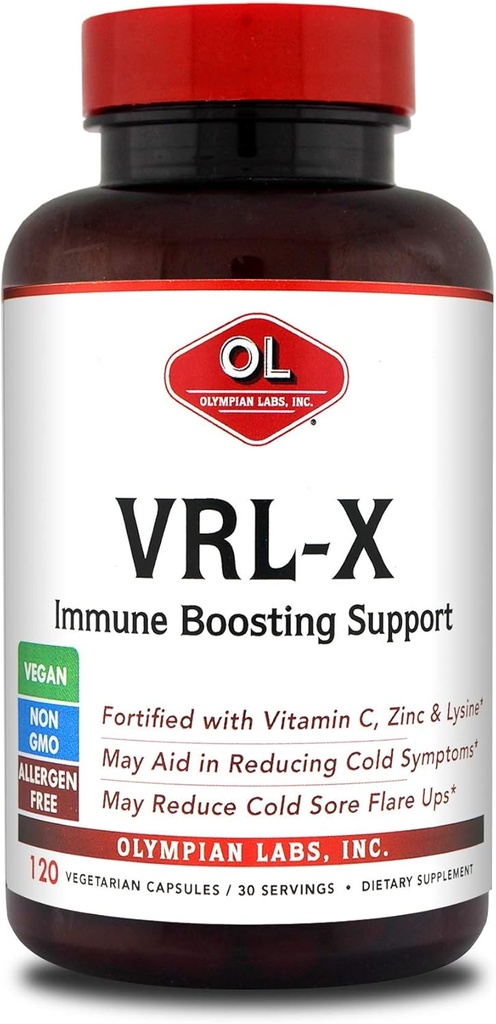 Olympian Labs VRL- X Avanceret immunforsvar, C-vitamin, Zink & Lysin, May Aid in Cold Sore Relief, 120 kapsler
