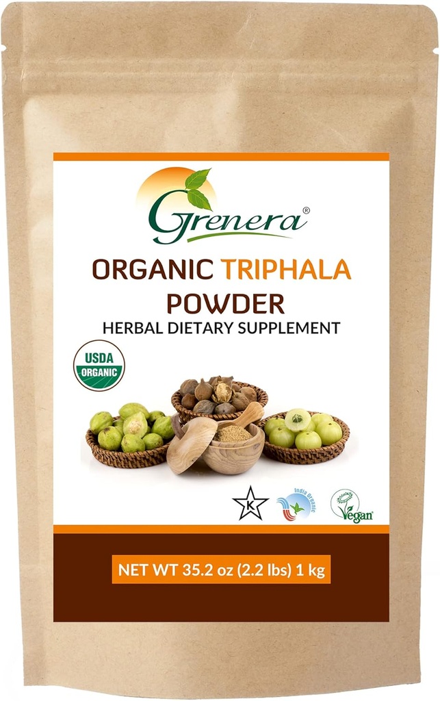 Grenera Organic Triphala Powder 2.2 lb (35,2 Ounce) - Lavet med Organic Amalaki, Organic Bibhitaki, Organic Haritaki Fruit - USDA Organic, Vegan, Kosher Certified
