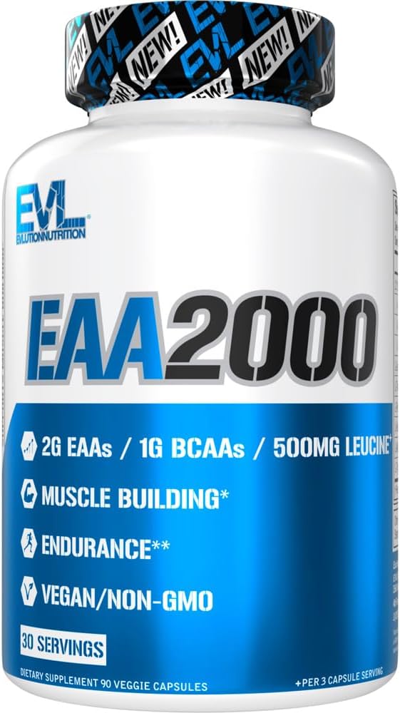 Evolution Nutrition EAA2000 - Pre & Post Workout Capsules - Muscle Building + Recovery Supplement - 2g essentielle aminosyrer + 1g BCAAs - Endurance + energistøtte - 30 Serveringer