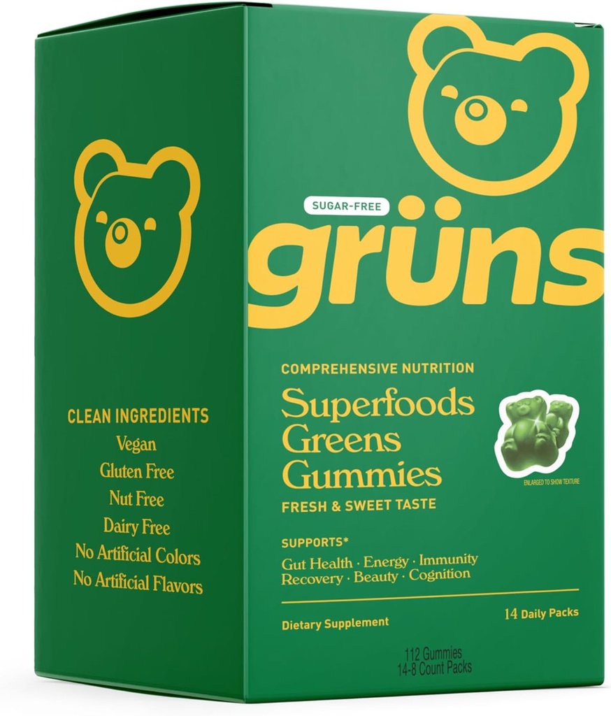 Gruns Sugar Free Super Greens Gummy Bears - Organic Spirulina og Chlorella, Prebiotika til fordøjelse, 20 + Vitamin og mineraler, Adaptogens - 14 breve - 112 Gummies