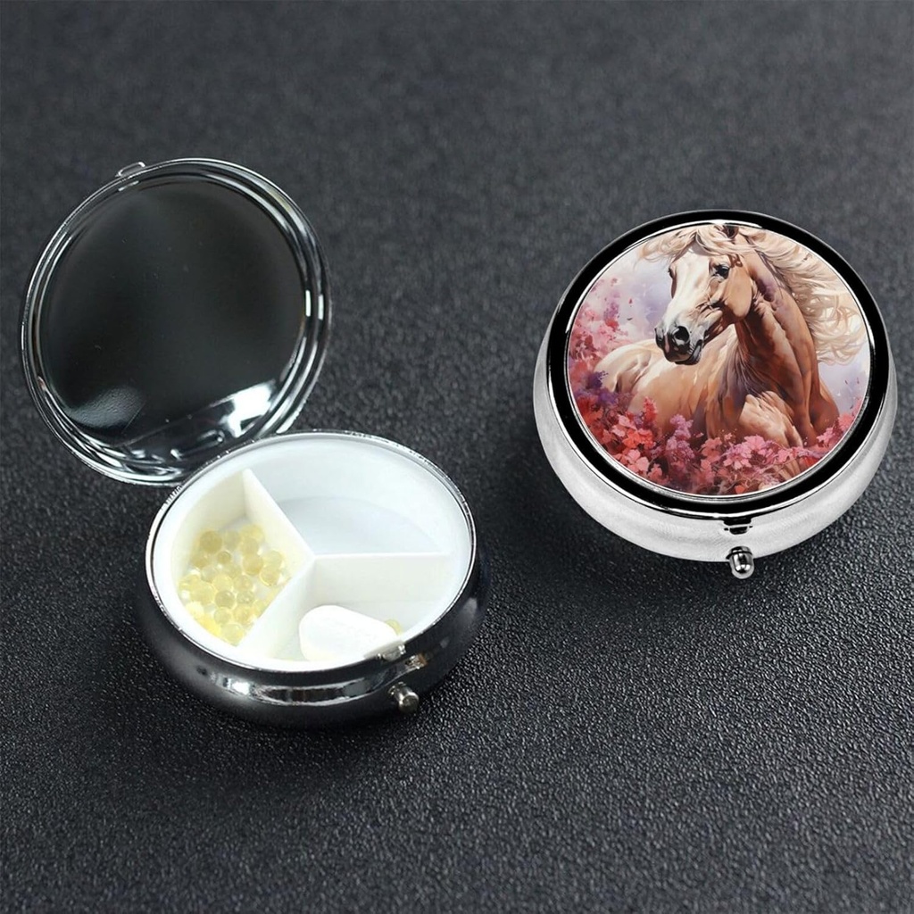 Round Pill Box 3 Compartment Pill Box Pill Containe Pillbox Case for Travel Small Pill Case Watercolor Horse Pill Organizer for Vitamins Fish Oil Box Supplement Box