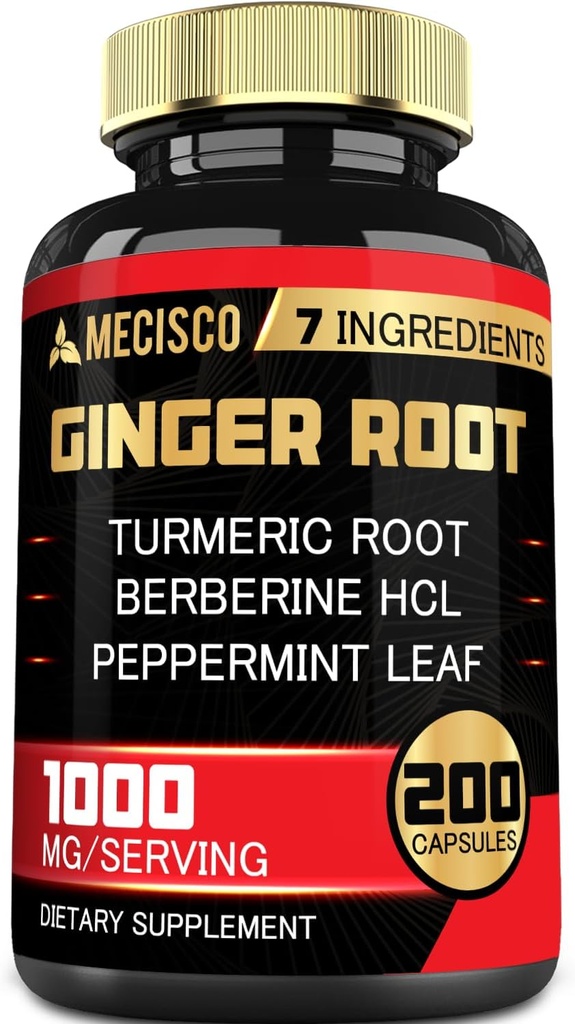 7-in-1 Ginger Root Supplement med gurkemeje Curcumin, Berberine, pebermynte Leaf, Astragalus Root, Ceylon Kanel, Beet Root - 200 Kapsler