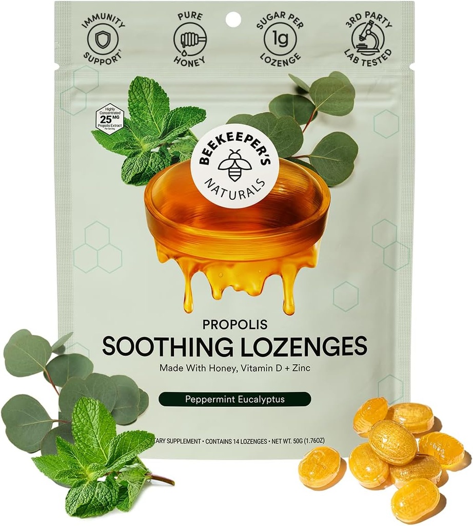 Biavlerens Naturals Lindrende Mint Eucalyptus Hoste Drops, Immunstøtte med D-vitamin, Zink og Propolis, Cooling & Throat Lindrende Lozenges, 14 Ct