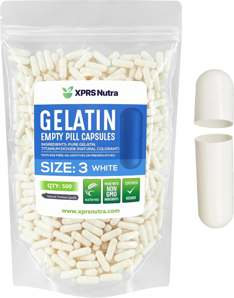 XPRS Nutra Størrelse 3 Tomme kapsler - 500 Tomme Gelatine kapsler - Piller gør det - Pure Bovin Pill Gel Caps Fyldelig Do- It- Yourself vitaminer og kosttilskud (hvid)