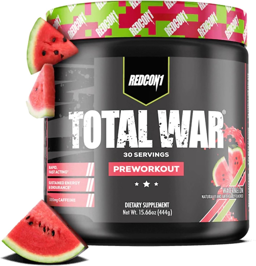 REDCON1 Total War Pre Workout, Watermelon - L Citrullin, Malic Acid, Green Tea Leaf Extract for Pump Boosting Pre Workout for kvinder & mænd - 3.2g Beta Alanine til at reducere Exhaustion (30 Servere)