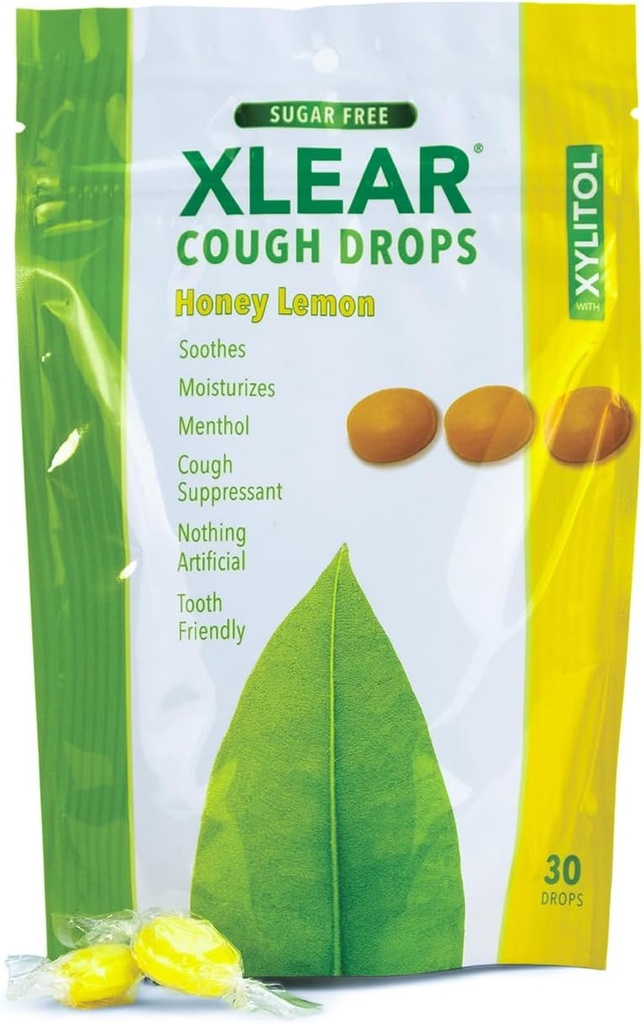 Xlear Xylitol Sugar- Free Hough Drops for voksne og børn, Sugarless Dry Mouth Lozenges for Sore Throat Relief, Non- GMO, Gluten- Free, Natural Honey Lemon, 30 Greve (Pack of 1)