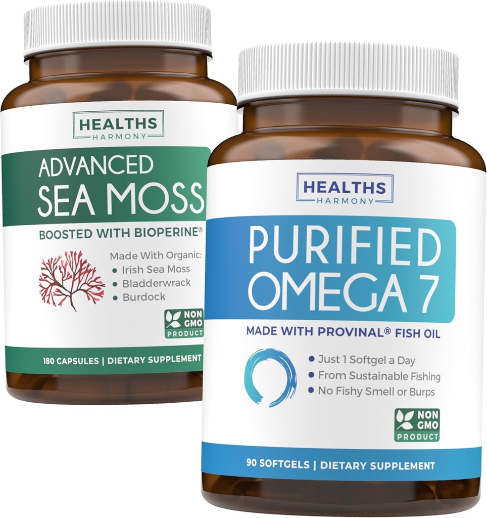 Irish Sea Moss & Omega 7 (3-måneders levering) Sea Omega Combo Bundle - Organic Irish Sea Moss - Raw Vegan Supplement (180 Caps) & Omega 7 Softgels - Provinal Sustainable Peruvian Anchovy Fish Oil -90 Caps