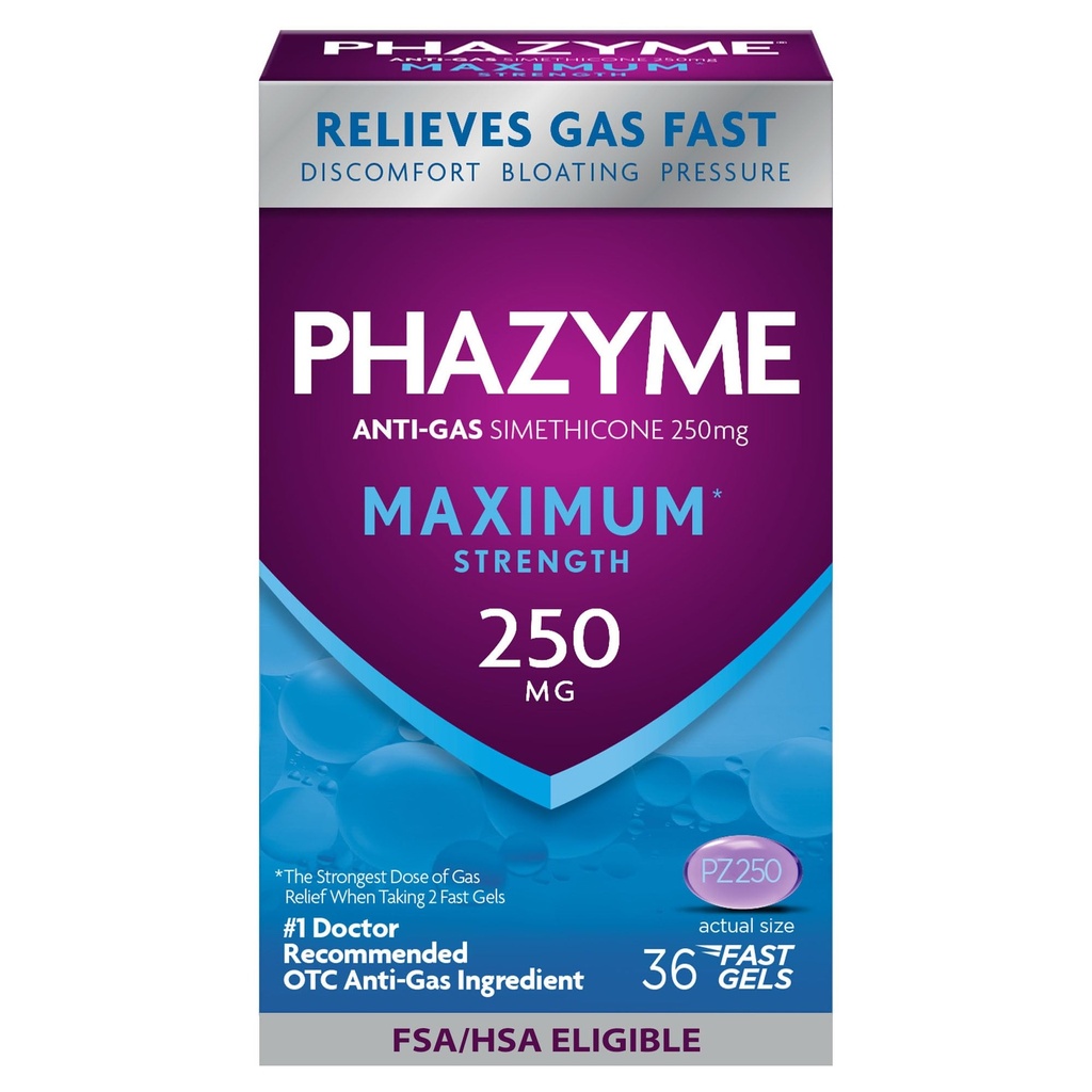 Phazyme Maksimum * Styrke Anti- Gas 250 mg Simeticone Gas Relief for voksne, Hurtig Gels Hurtig Ease Bloating, Tryk og ubehag, 36 Tæl