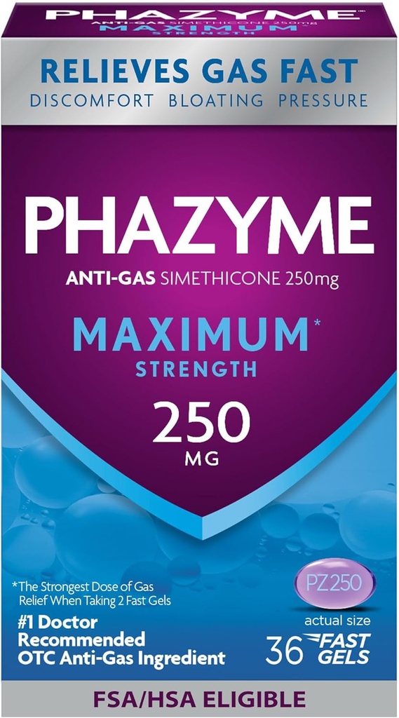 Phazyme Maximum* Strength Anti-Gas 250 mg Simethicone Gas Relief for Adults, Fast Gels Quickly Ease Bloating, Pressure & Discomfort, 36 Count
