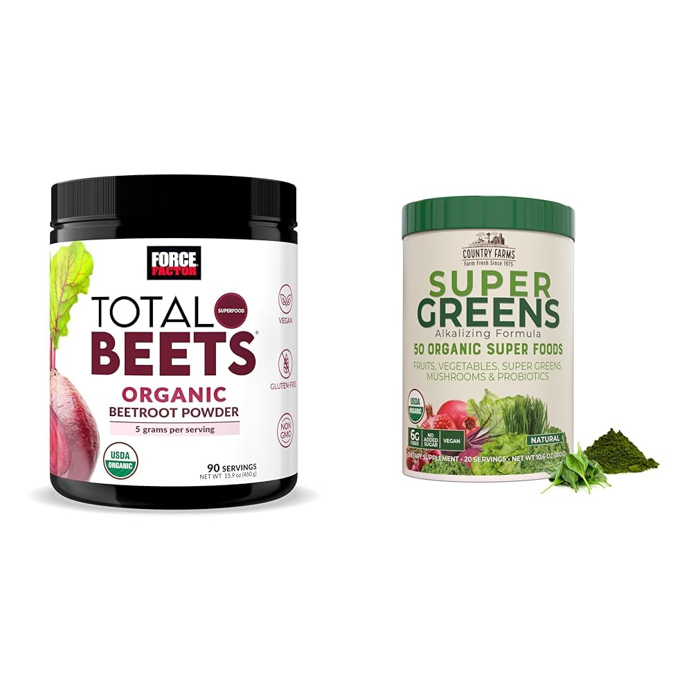 Force Factor Total Beets Organic Beetroot Powder og Country Farms Super Green Drink Mix, 50 Organic Superfoods, 20 Servere
