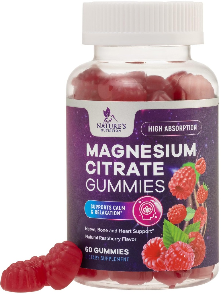 Magnesium Citrate Gummies Supplement - Høj Absorption, Vegansk Magnesium Gummies Supplement til voksne & Børn, Magnesio Citrate Gummies Kosttilskud til muskel, nerve, ben og hjerte - 60 Gummies