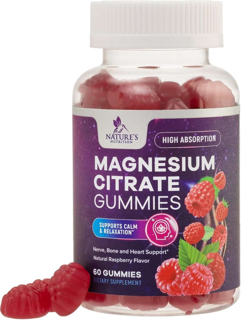Magnesium Citrate Gummies Supplement - Høj Absorption, Vegansk Magnesium Gummies Supplement til voksne & Børn, Magnesio Citrate Gummies Kosttilskud til muskel, nerve, ben og hjerte - 60 Gummies