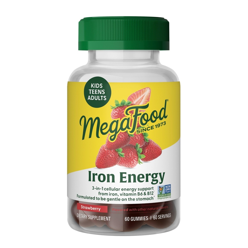 Megafood Iron Energy Gummies, Jern supplement til kvinder, mænd, Teens & Kids med vitamin B12 & B6, vitaminer, fra Makers of Blood Builder Supplement, Strawberry Flavor, 60 Greve