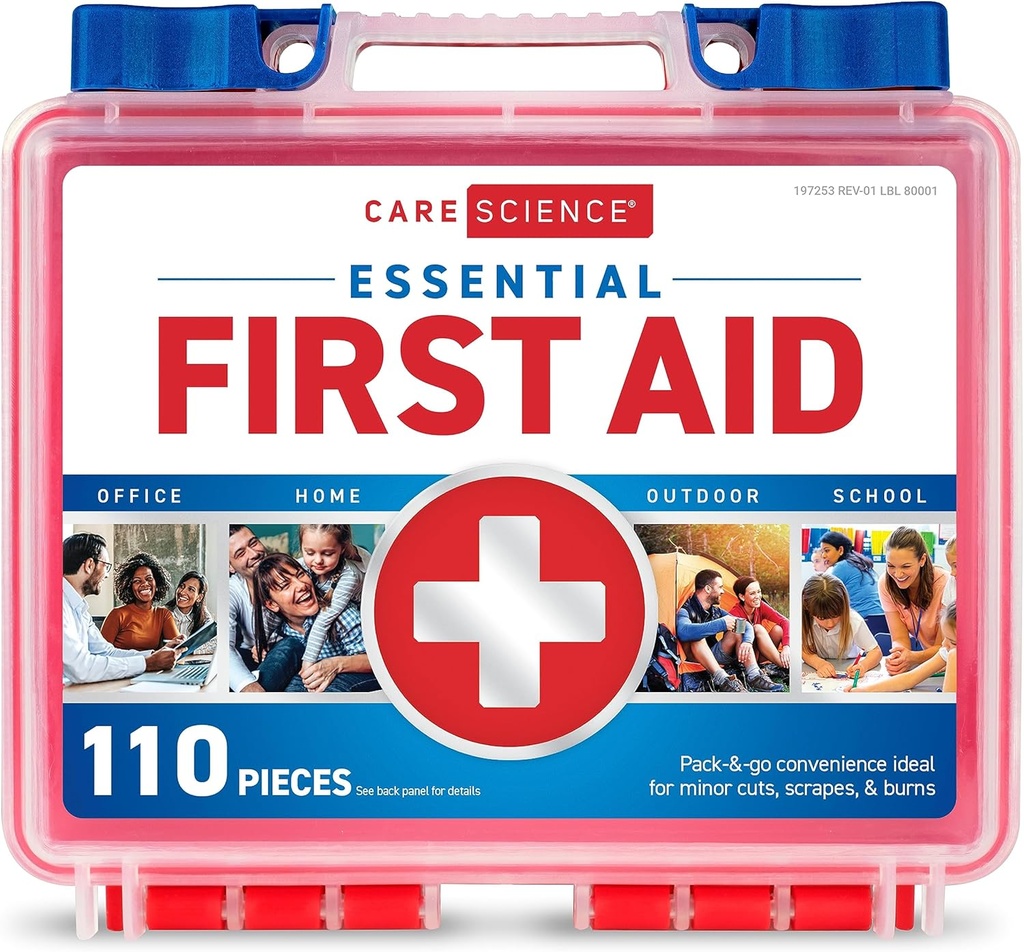 Care Science førstehjælpskasse, 110 stykker; Professionel brug til rejser, arbejde, skole, hjem, bil, nødsituation, overlevelse, Camping, vandreture, og mere
