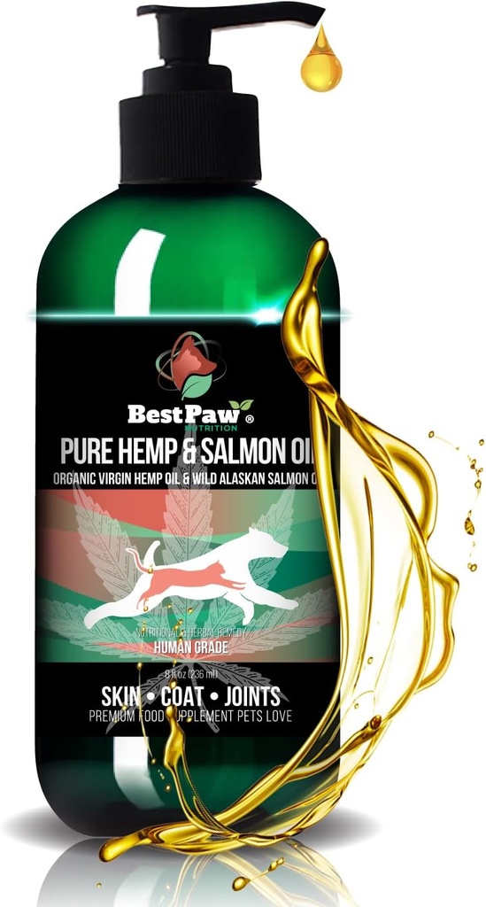 Pure Hamp & Salmon Oil for Hunde og Katte - Omega hudpleje Remedy for Dandruff, Shedding, Allergi & Itchy Skin Relief - Fælles supplement til Pet Arthritis - Hud & Coat Vitamin Kæledyr Kærlighed - 8 oz