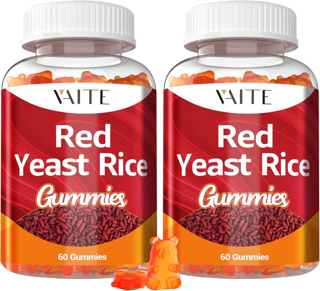 VAITE Red Gær Rice med Coq10 Gummies - 1200 mg RYR Synergy Organic Supplement med Coenzym Q10 Monacolin K, Non- GMO & Citrinin Free Herbal Vegetar Gummy Chews 60 Count (2 Pack)