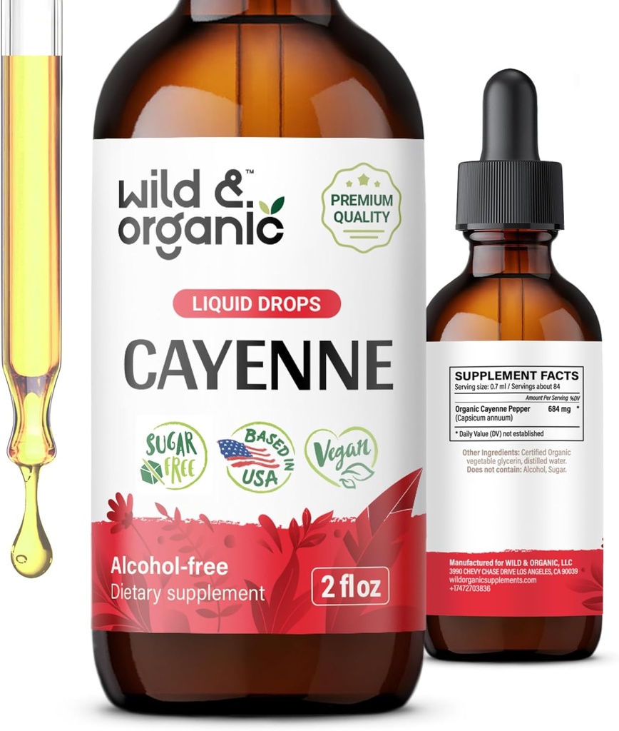 Wild & Organic Cayenne Pepper Tincture - Capsaicin Kosttilskud til fordøjelsesstøtte - Cayenne Pepper Extract Liquid - Vegan, Alkohol- Free Drops - 2 fl oz