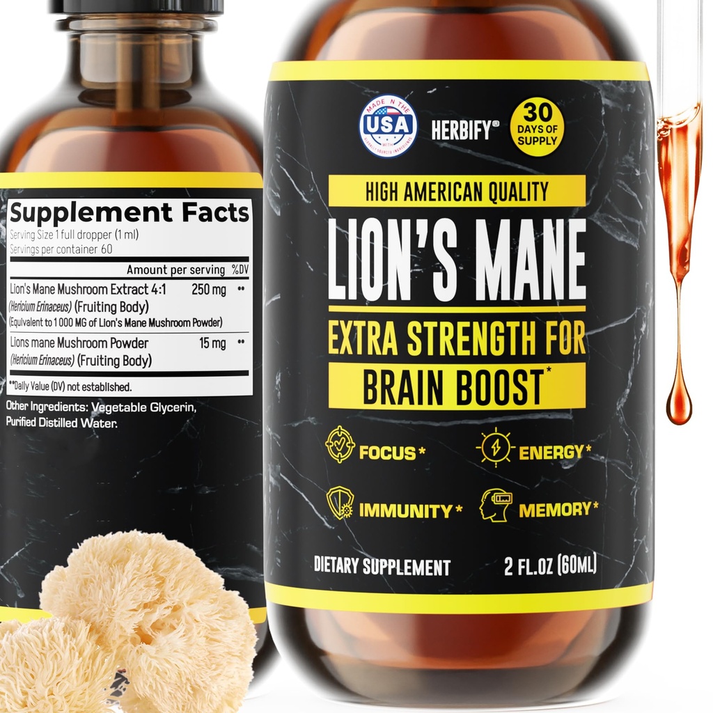HERBIFY Lions Mane Supplement - Daglig Mushroom supplement til hukommelse, fokus og klarhed - Brain Booster - Lions Mane Tincture for immunforsvar - 2 Fl oz