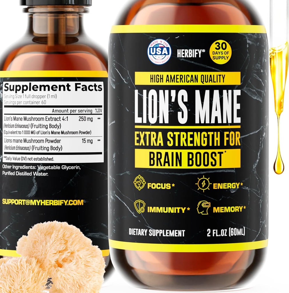 HERBIFY Lions Mane Supplement - Daglig Mushroom supplement til hukommelse, fokus og klarhed - Brain Booster - Lions Mane Tincture for immunforsvar - 2 Fl oz