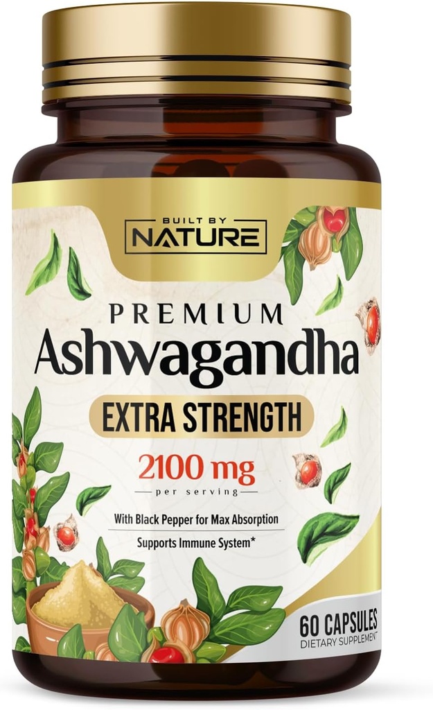 Bygget af Nature Ashwagandha 2100mg Extra Strength Stress Relief & Mood Support med Black Pepper Extract til Max Absorption - Non- GMO, Vegan, Gluten- Free - 60 kapsler