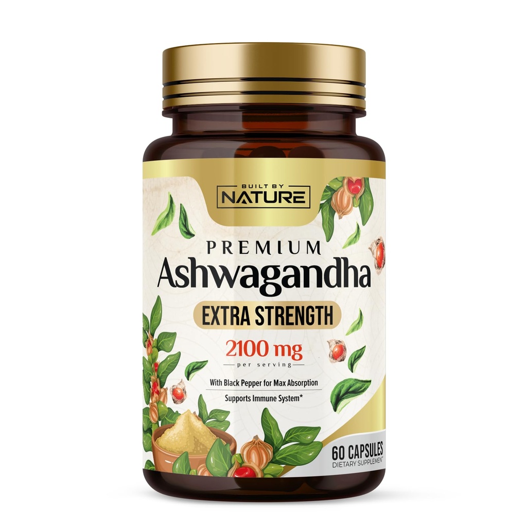 Bygget af Nature Ashwagandha 2100mg Extra Strength Stress Relief & Mood Support med Black Pepper Extract til Max Absorption - Non- GMO, Vegan, Gluten- Free - 60 kapsler