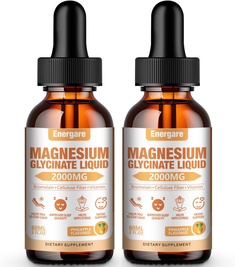 2 Pack 2000MG Magnesium Glycinate Liquid Drops Supplement for børn og voksne - Cellulose Fiber, Bromelain, Vitamin B6, C, D, Zink - Energy, Sleep, Clam, Ananas Flavor, 4 Fl oz