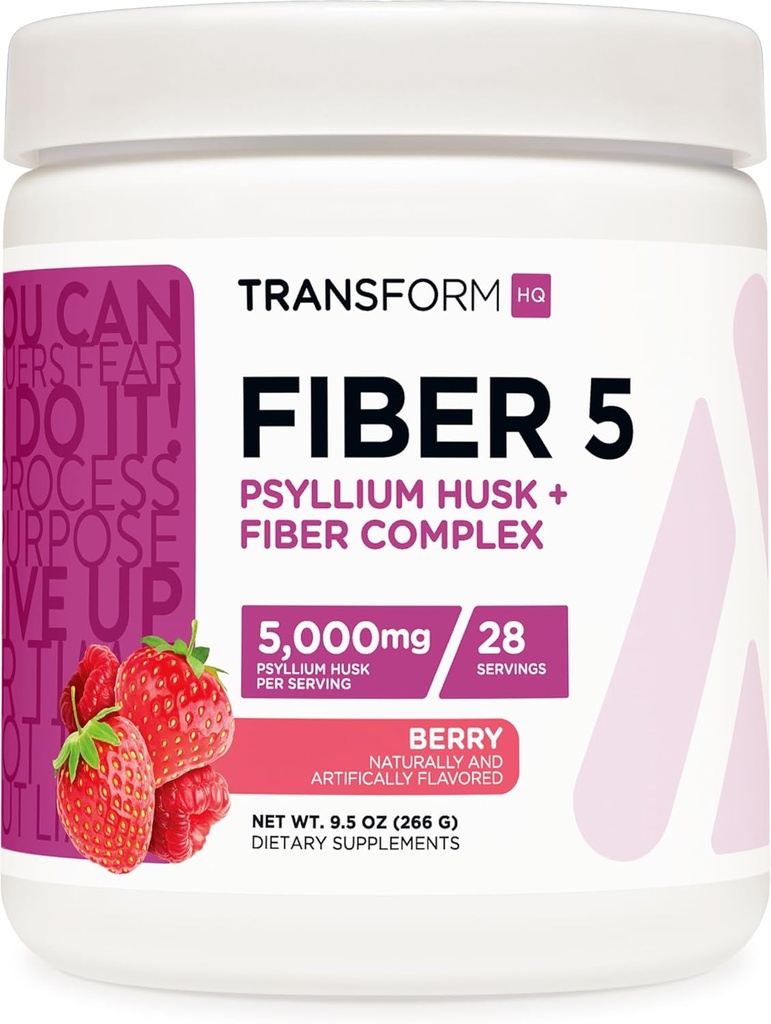 TransformHQ Fiber 5 Psyllium Husk Complex Powder (Berry Flavor) (28 Servere) - 5,000mg Psyllium Husk per Servering - fordøjelsessundhed, naturligt supplement, Opløselig Plant Fiber Blend