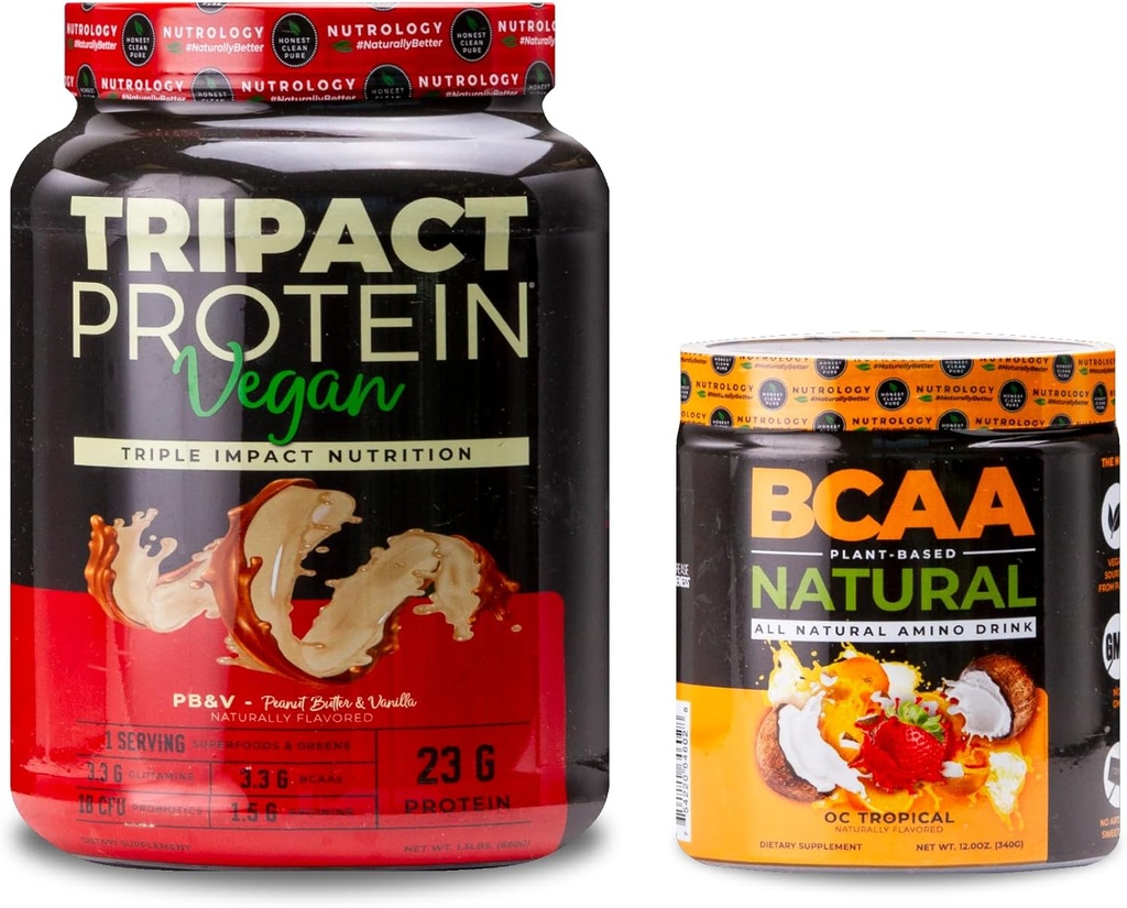 Nutrologi TRIPACT Vegan Protein Powder, for Vegan Protein Shakes, Peanut Butter Vanilla (20 Servere) BCAA Natural, Plant Based BCAA Powder, Orange Coconut Flavor (30 Servere)