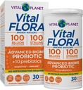 Vital Planet - Vital Flora Advanced Probiotic 100 Millioner CFU, 100 Diverse Strops, 10 Organic Prebiotics, immunforsvar, fordøjelsessygdomme Hylde Stabil Probiotika for kvinder og mænd 30 kapsler