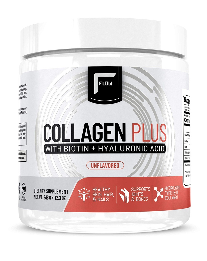 Flowtilskud Collagen Peptider Protein Powder Collagen Kosttilskud med Hyaluronsyre + Biotin Hydrolyzed Collagen Peptider Multi Collagen Powder Type I og III - 348 Gram (pakning med 1)