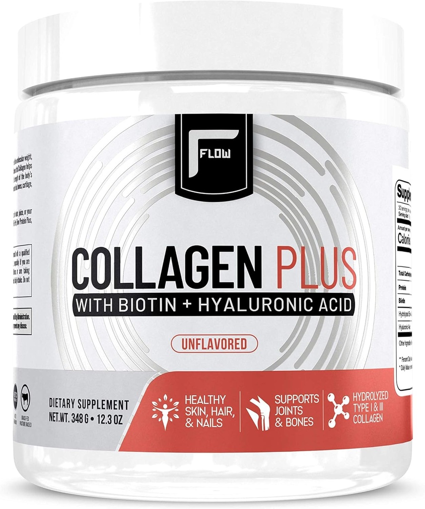 Flowtilskud Collagen Peptider Protein Powder Collagen Kosttilskud med Hyaluronsyre + Biotin Hydrolyzed Collagen Peptider Multi Collagen Powder Type I og III - 348 Gram (pakning med 1)