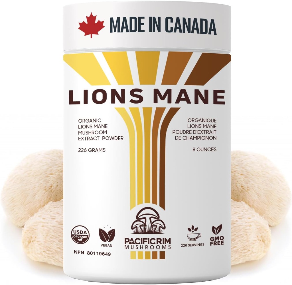 Lions Mane Supplement Powder Ultra Strength 10:1 Organic Lions Mane Mushroom Supporting Memory, Cognition, Brain Health, 8 Ounces / 226 Servings