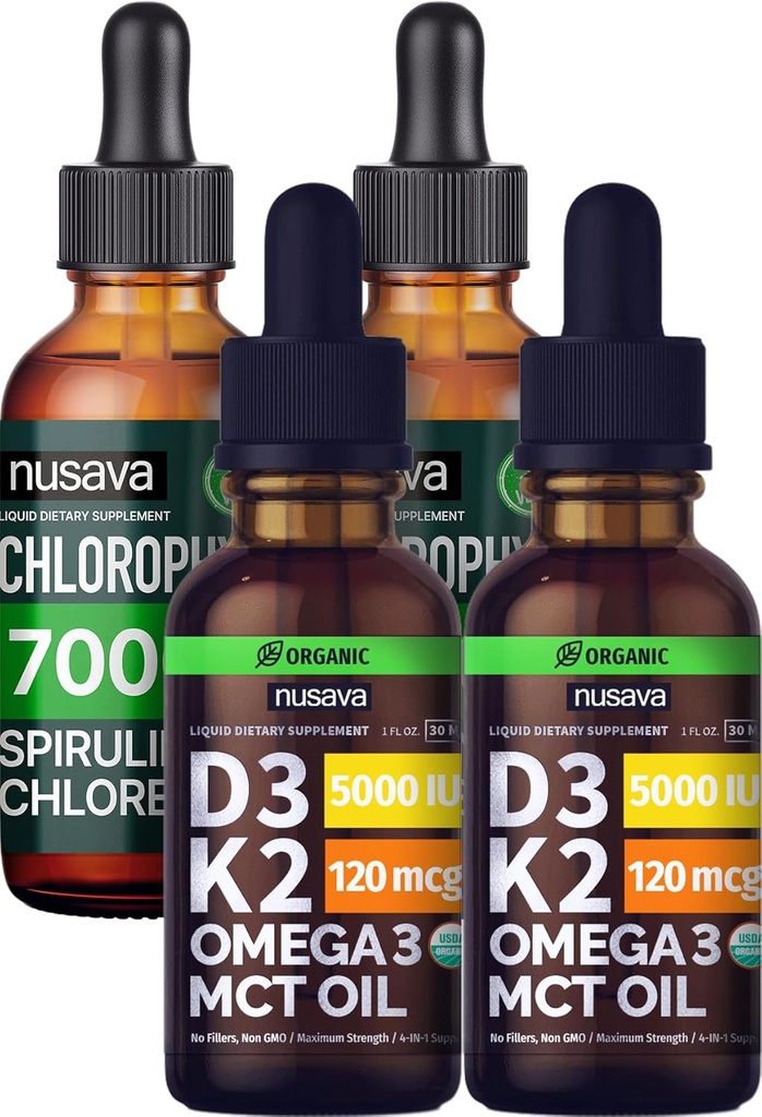 NUSAVA Unflavored D3 K2 Drops og Chlorophyll Liquid Drops Bundle - Potent flydende vitaminer til hjerte, fælles, energi, & immunforsvar - Non- GMO, Gluten- fri, 2pk Hver