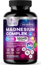 Magnesiumkompleks Supplement 500 mg - 5 i 1 høj absorptionschelateret Magnesiumglycinat, malat, citrat, oxid, Aquamin - non- GMO Magnesio kapsler, benmuskulatur og hjertesygdomme, 60 kapsler
