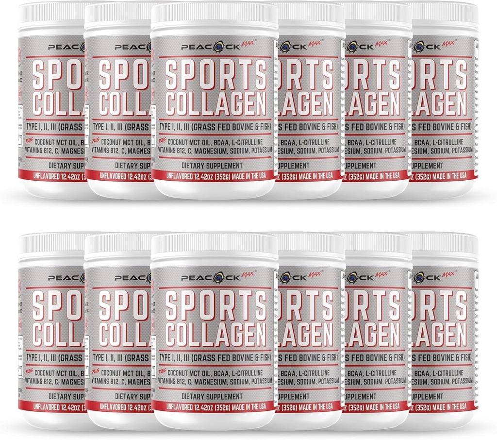 Sports collagen Powder, 12.42 oz, Pack of 12 - Grass Fed Bovine & Wild Fish Hydrolyzed Type I, II, III Multi Collagen Peptider, Unflavored Protein Powder with Electrolytes