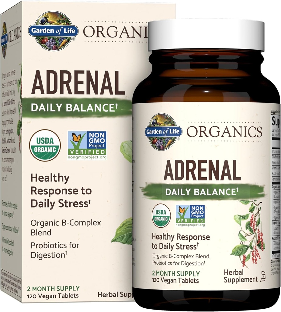 Have of Life Organics Adrenal Daglig balance, Adaptogene urter Ashwagandha, Holy Basil, B Complex & Probiotika, Organic Non- GMO, Vegan, Gluten Free Supplement, Two Month Supply, 120 tabletter