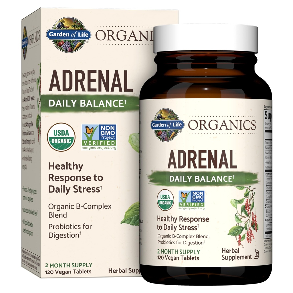 Have of Life Organics Adrenal Daglig balance, Adaptogene urter Ashwagandha, Holy Basil, B Complex & Probiotika, Organic Non- GMO, Vegan, Gluten Free Supplement, Two Month Supply, 120 tabletter