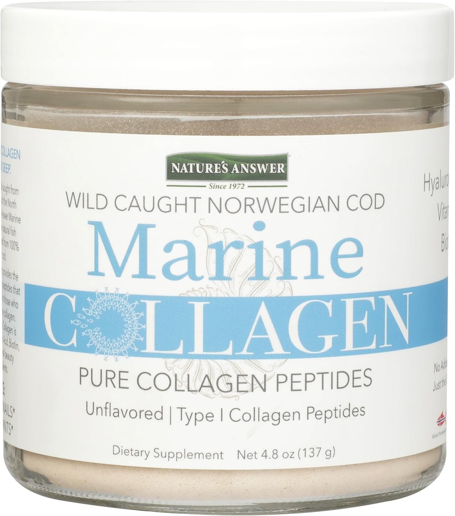 Naturens svar Marine Collagen Flydende • 124; Wild fanget Norweigen Cod • 124; Pure Collagen Peptider med Hyaluronsyre & Biotin • 124; Understøtter sundt hår, hud, negle, knogler & joints • 124; Gluten- Free 4.8oz