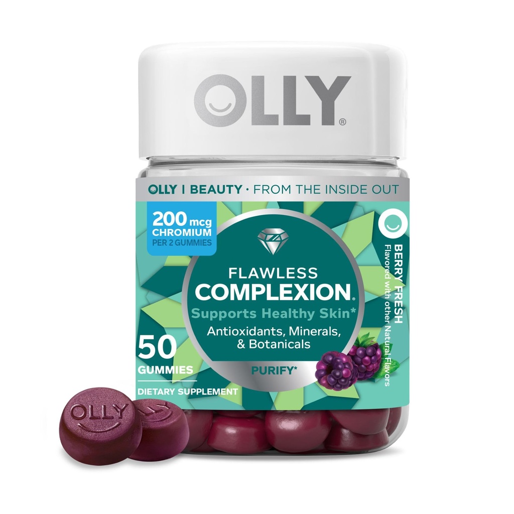 OLLY Fejlfri Kompleksion Gummy, Clear and Sund Skin Support, Vitaminer E, A, Zink, Chewable Supplement, Berry - 50 Greve (pakke med 1)