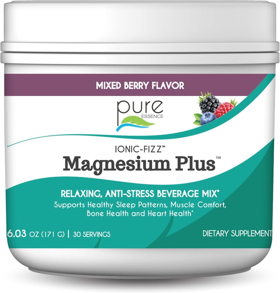 Pure Essence Labs Ionic Fizz Magnesium Plus, Anti- Stress Supplement Drikkepulver, Gluten Free og Non- GMO Magnesiumpulver (blandet berry, 6.03 Ounce (pakning med 1))