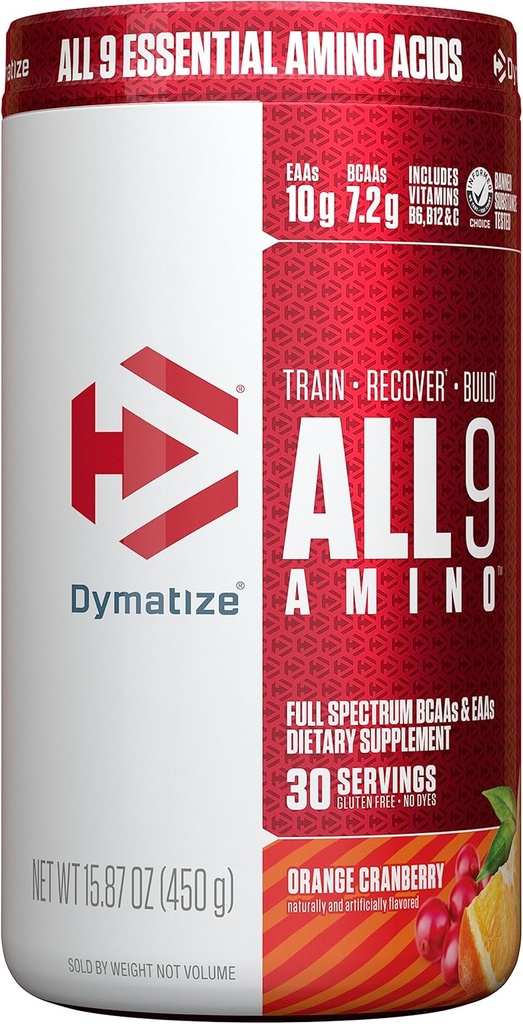 Dymatize All9 Amino, 7,2g BCAA, 10g fuld spektrum essentielle Aminosyrer Per Servering til inddrivelse og Optimal Muskel Protein Syntese, Orange Cranberry, 30 Servering, 15.87 Ounce