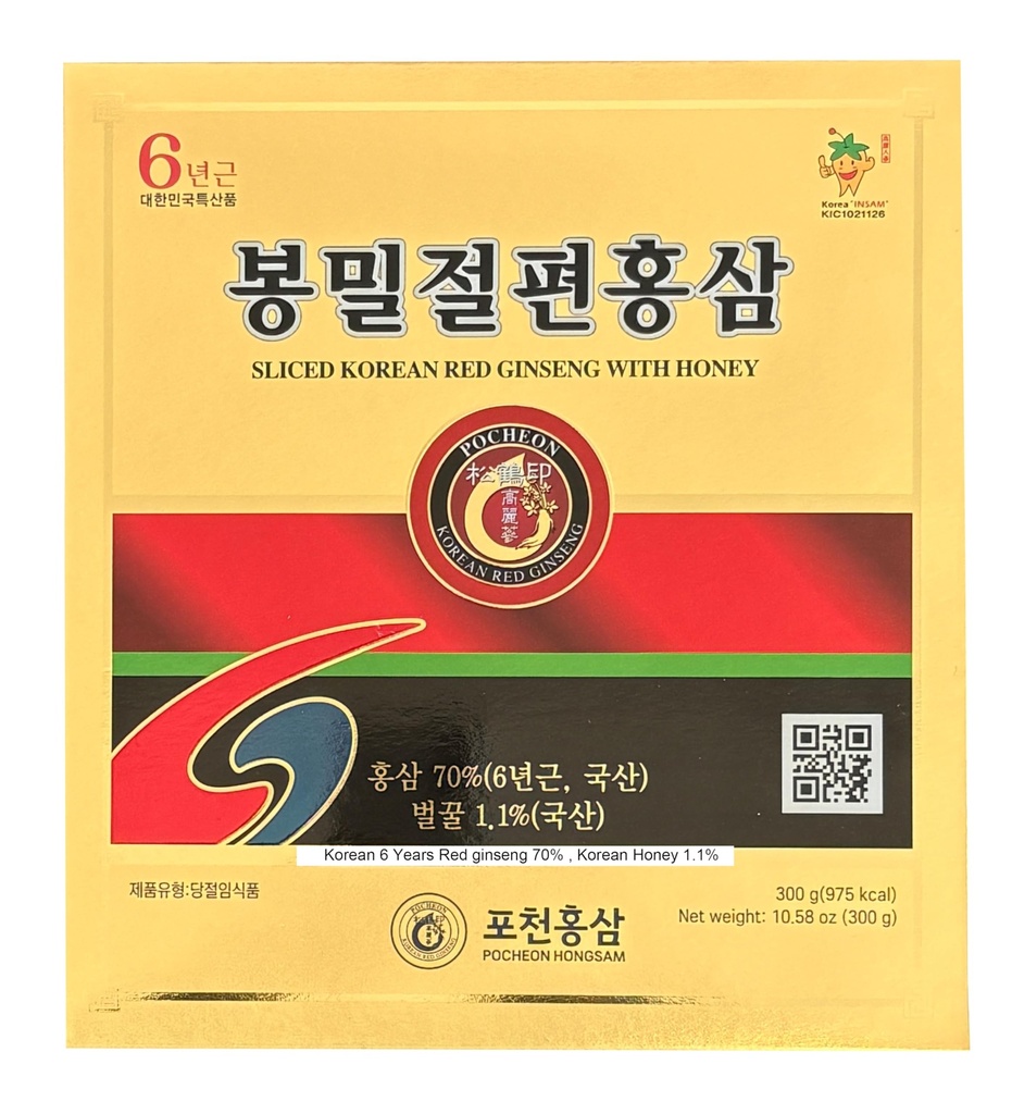 Pocheon 300g (10.6oz) 6År Koreansk Panax Rød Ginseng Slice med honning, Saponin, Naturlig immunforsvar