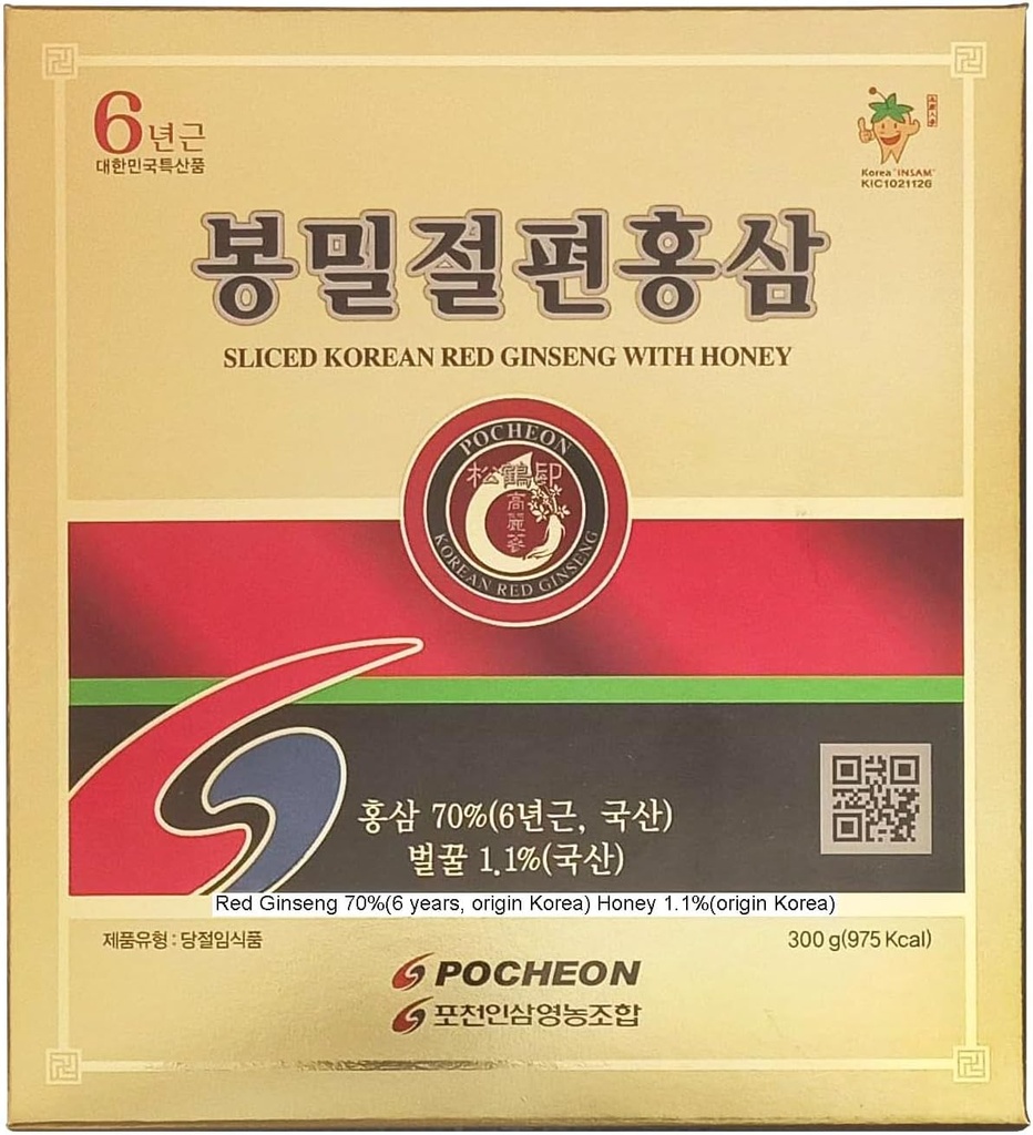 Pocheon 300g (10.6oz) 6År Koreansk Panax Rød Ginseng Slice med honning, Saponin, Naturlig immunforsvar